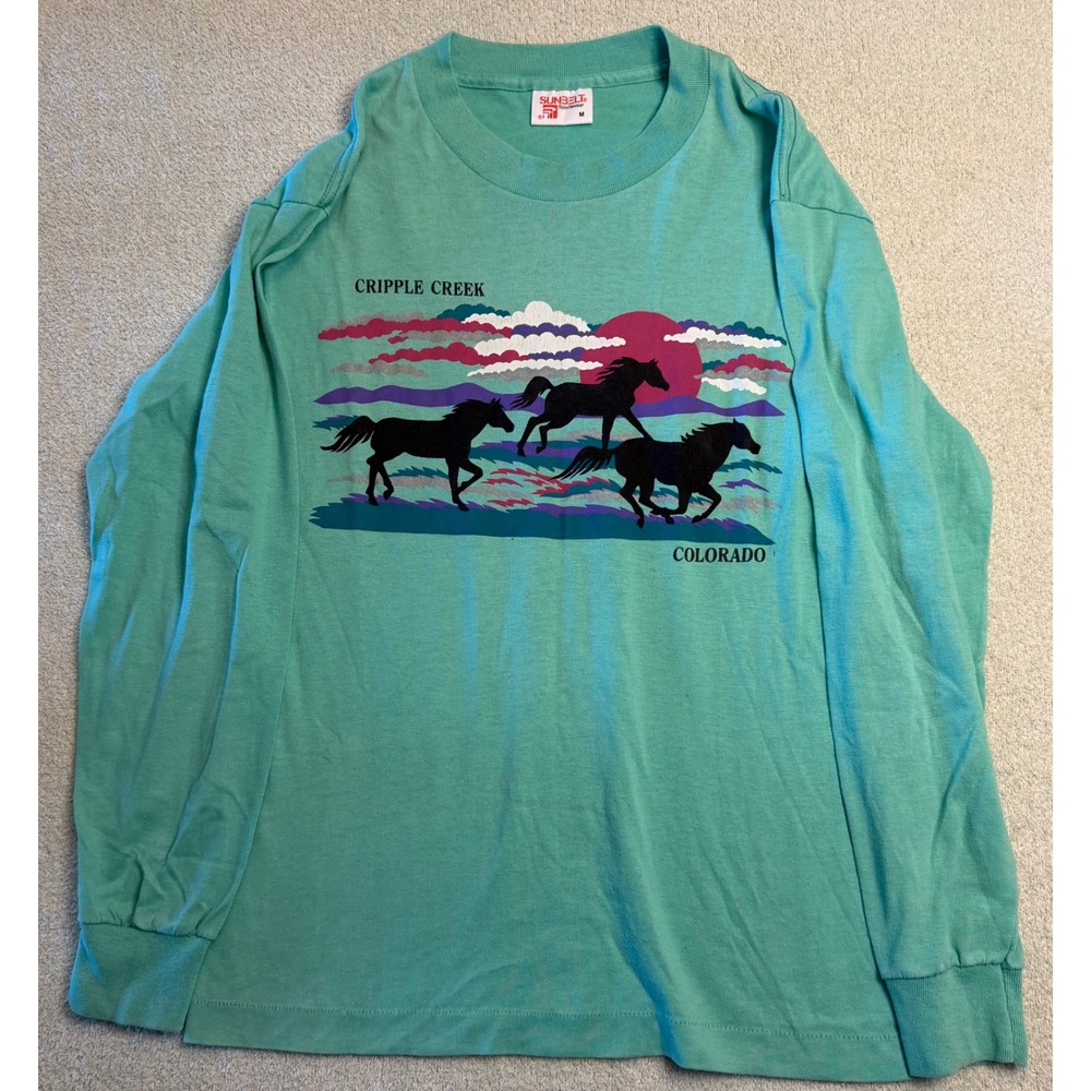 Vintage Sunbelt Sportswear Cripple Creek Colorado Horse Graphic T-Shirt Teal M